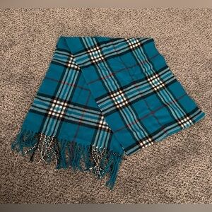 CASHMERE Turquoise Blue Black Check Plaid Fringe Scarf
